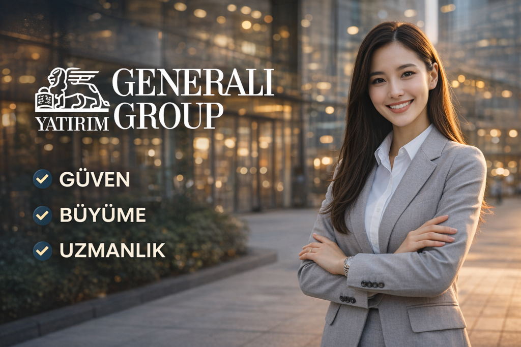Generali Group Yatırım tanıtım görseli, profesyonel iş kadını ve modern ofis binası arka planı, kurumsal yatırım ve finansal güven